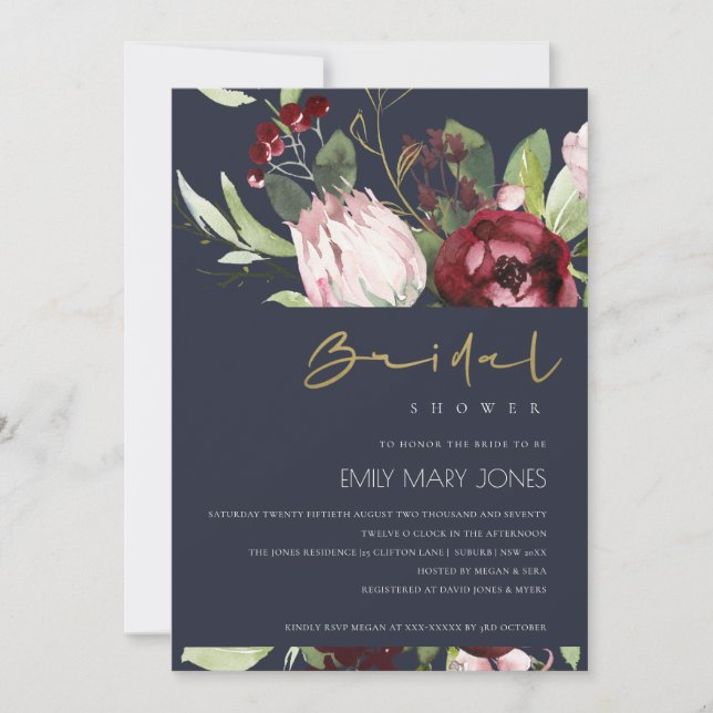 GREY BLUSH BURGUNDY PROTEA FLORAL BRIDAL SHOWER INVITATION (Front)