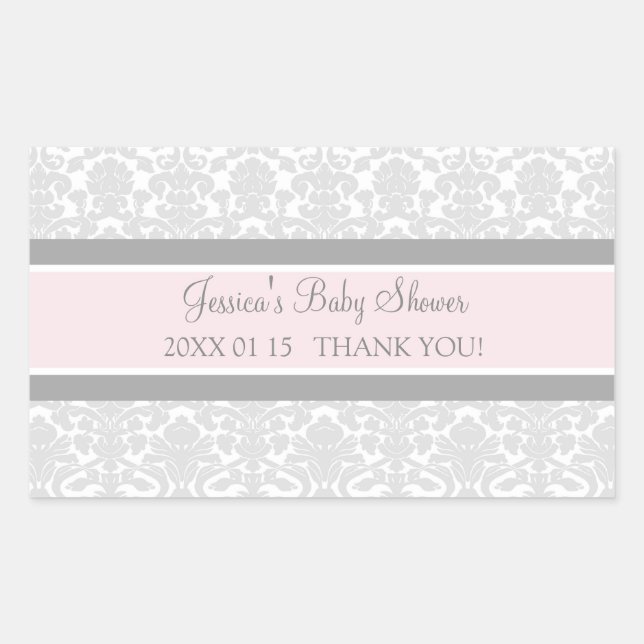 Grey Blush Damask Baby Shower Favour Stickers (Front)