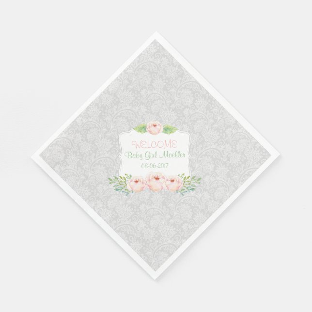 Grey Blush floral Damask Napkin / girl baby shower (Corner)