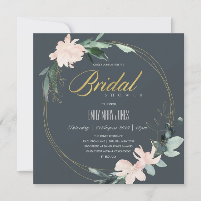 GREY BLUSH FLORAL FRAME WATERCOLOR BRIDAL SHOWER INVITATION (Front)