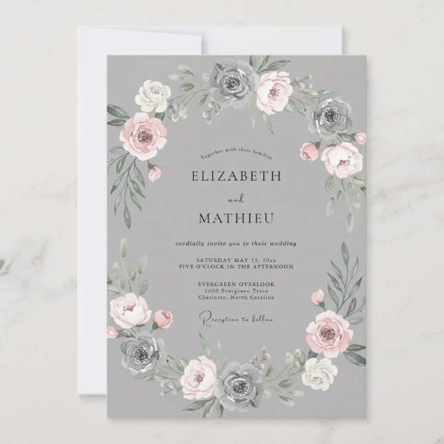 Grey Blush Floral Garland Wedding Invitation (Front)