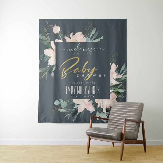 GREY BLUSH FLORAL WATERCOLOR BABY SHOWER WELCOME TAPESTRY (In Situ)