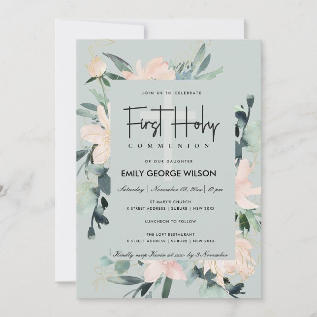 GREY BLUSH FLORAL WATERCOLOR FIRST HOLY COMMUNION INVITATION (Front)