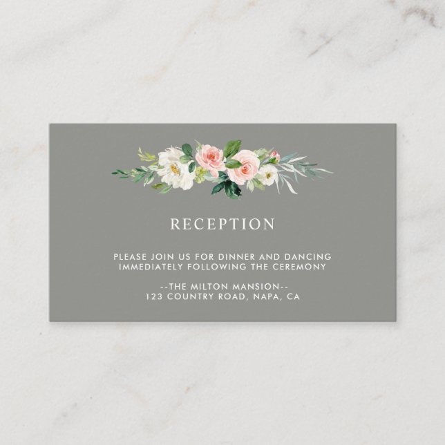 Grey Blush Floral Wedding Reception Enclosure Card (Front)