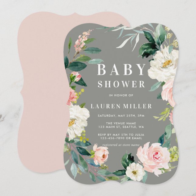 Grey Blush Floral Wreath Baby Shower Invitation (Front/Back)