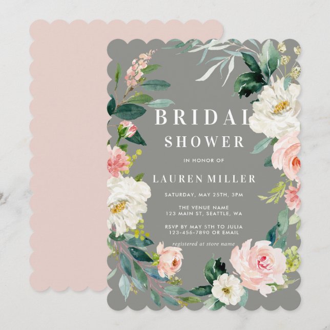 Grey Blush Floral Wreath Bridal Shower Invitation (Front/Back)