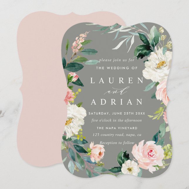 Grey Blush Floral Wreath Wedding Invitation (Front/Back)