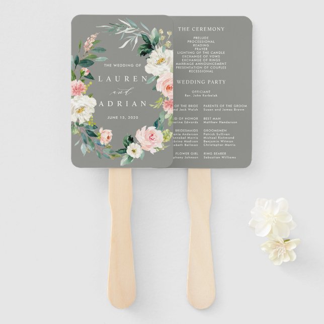Grey Blush Floral Wreath Wedding Program Hand Fan (Front and Back)