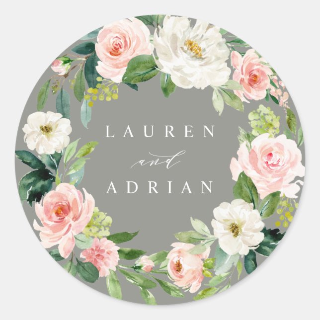 Grey Blush Floral Wreath Wedding Sticker (Front)
