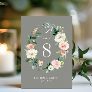 Grey Blush Floral Wreath Wedding Table Number