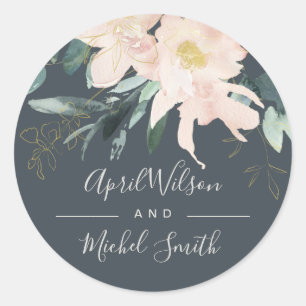 GREY BLUSH GOLD FLORAL BUNCH WATERCOLOR WEDDING CLASSIC ROUND STICKER
