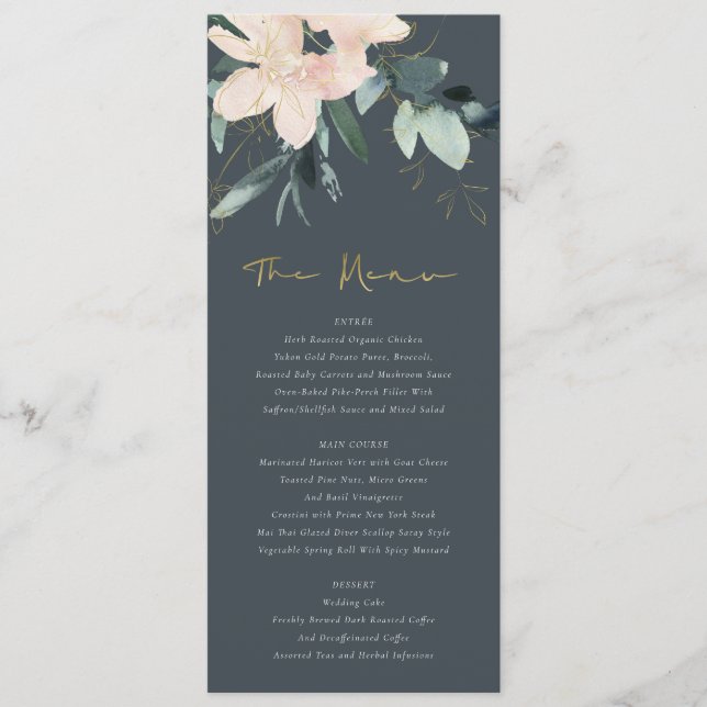 GREY BLUSH GOLD FLORAL BUNCH WATERCOLOR WEDDING MENU (Front)