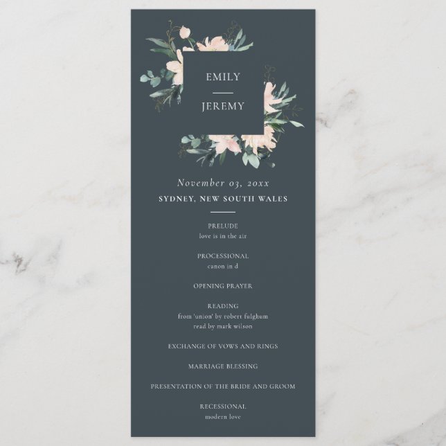 GREY BLUSH GOLD FLORAL WEDDING CEREMONY PROGRAM MENU (Front)