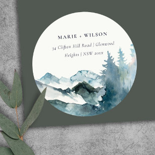 Grey Blush Green Blue Mountains Pine Address Classic Round Sticker
