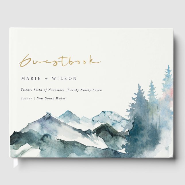Grey Blush Green Blue Mountains Pine Wedding Guest Book (Front)