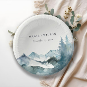 Grey Blush Green Blue Mountains Pine Wedding Paper Plate
