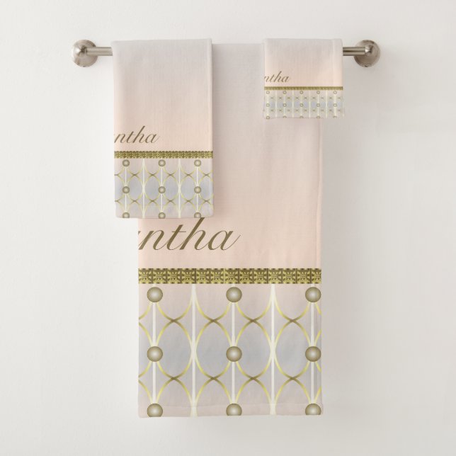 Grey, Blush Pink And Gold Geometric pattern Bath Towel Set (Insitu)