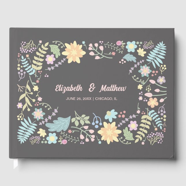 Grey Blush Pink  Aqua Modern Floral Wedding Guest Book (Front)
