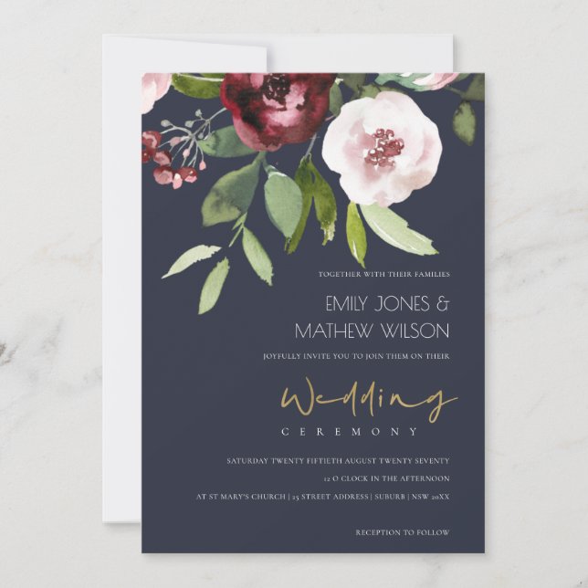 GREY BLUSH PINK BURGUNDY PEONY FLORAL WEDDING INVITATION (Front)