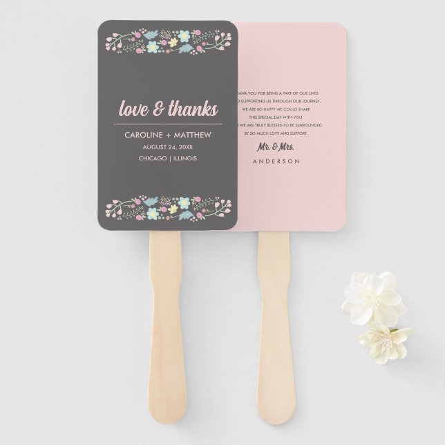 Grey Blush Pink Modern Floral Wedding Favour Hand Fan (Front and Back)