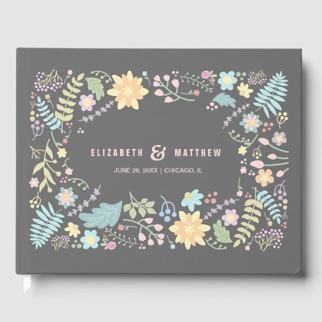 Grey Blush Pink Modern Floral Wedding Guest Book (Front)