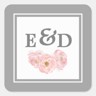 Grey Blush Pink Peonies Monogram Wedding Square Sticker