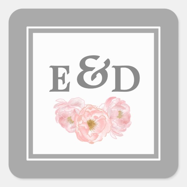 Grey | Blush Pink Peonies Monogram Wedding  Square Sticker (Front)