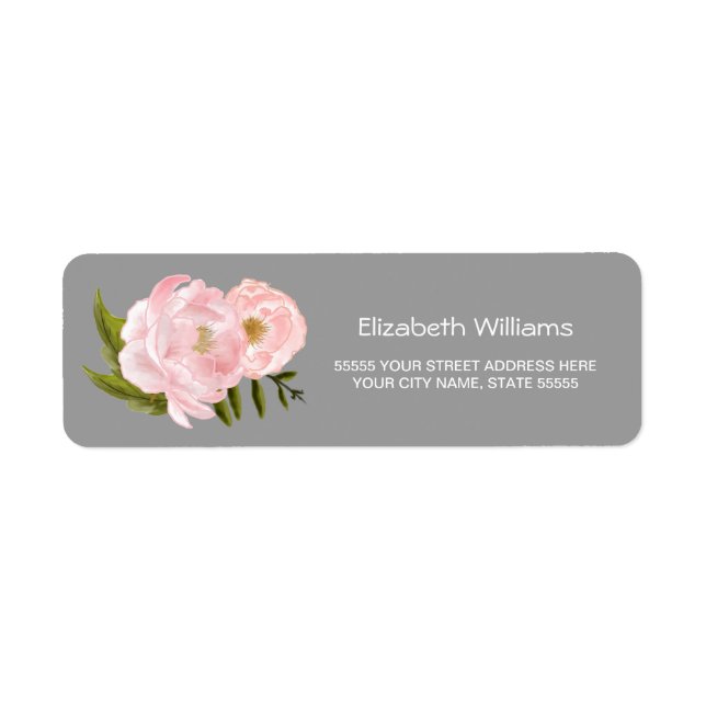 Grey | Blush Pink Peonies Return Address Labels (Front)