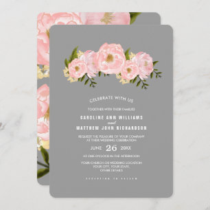 Grey   Blush Pink Peonies Watercolor Wedding Invitation