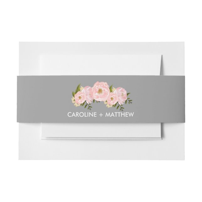 Grey | Blush Pink Peonies Watercolor Wedding Invitation Belly Band (Front Example)