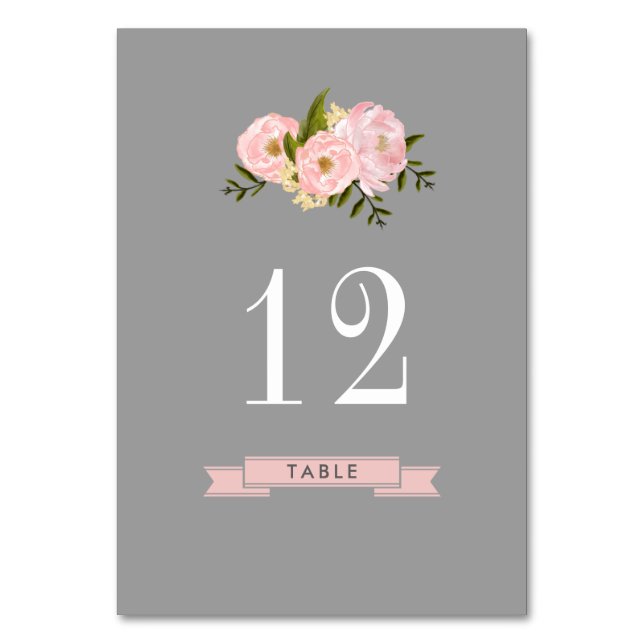 Grey | Blush Pink Peonies Watercolor Wedding Table Number (Front)