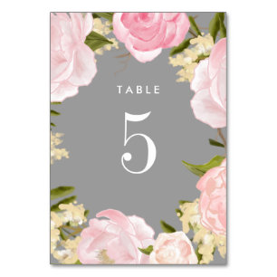 Grey   Blush Pink Peonies Watercolor Wedding  Table Number