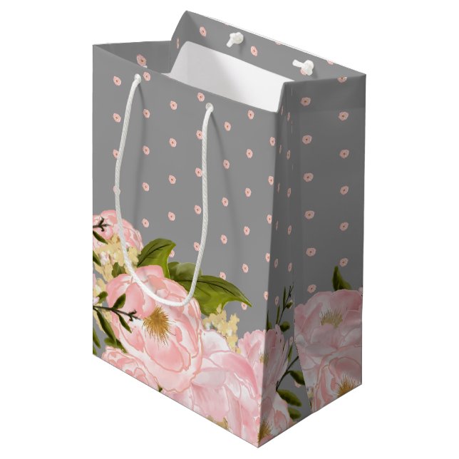 Grey | Blush Pink Peonies Wedding  Medium Gift Bag (Front Angled)