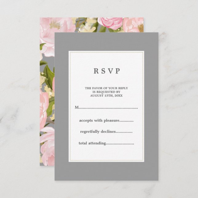 Grey | Blush Pink Peonies Wedding  RSVP Card (Front/Back)