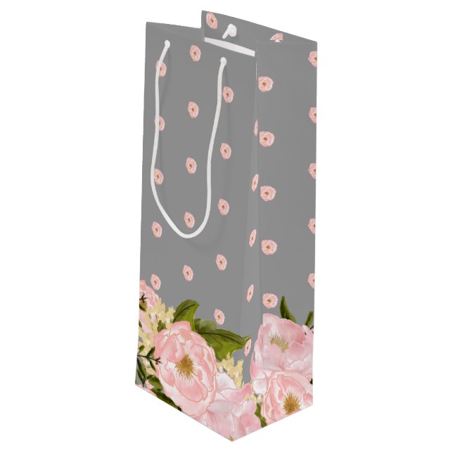 Grey | Blush Pink Peonies Wedding Wine Gift Bag (Back Angled)