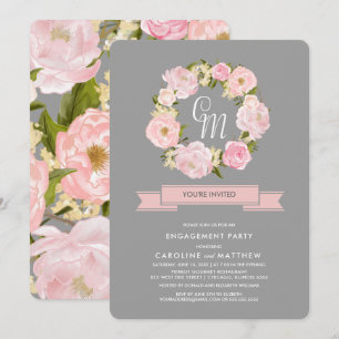 Grey   Blush Pink Peony Wreath Engagement Party  Invitation