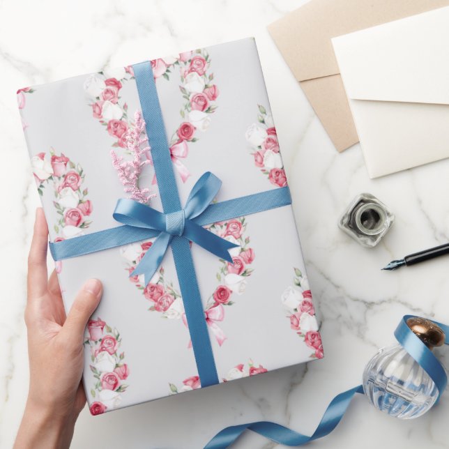 Grey Blush Pink Rose Floral Heart Bridal Shower   Wrapping Paper (Gifting)
