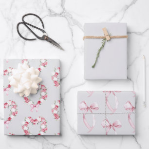 Grey Blush Pink Rose Floral Heart Bridal Shower Wrapping Paper Sheet