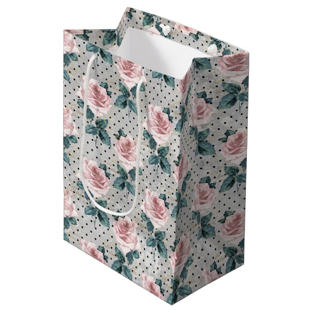 Grey Blush Pink Roses Floral Dots Medium Gift Bag (Front Angled)