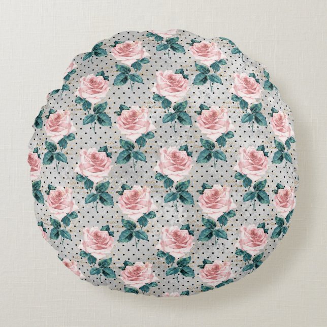 Grey Blush Pink Roses Floral Dots Round Cushion (Front)