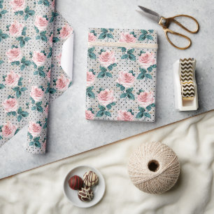 Grey Blush Pink Roses Floral Dots Wrapping Paper