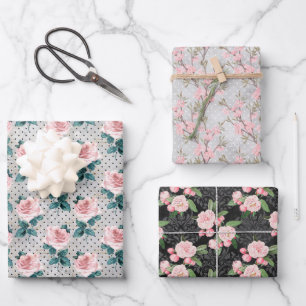 Grey Blush Pink Roses Floral Dots Wrapping Paper Sheet