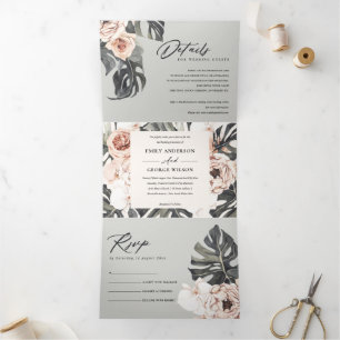 GREY BLUSH RUST MONSTERA FLORA WATERCOLOR  WEDDING Tri-Fold INVITATION