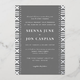 Grey Boho Mudcloth Border Silver Foil Invitation