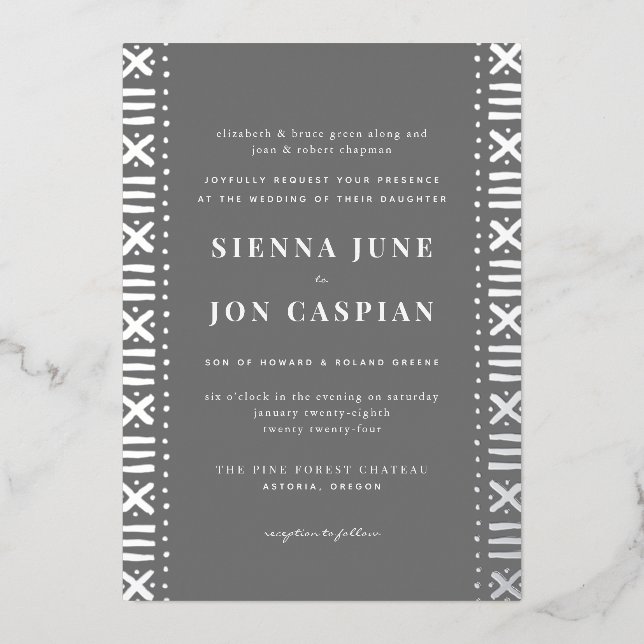 Grey Boho Mudcloth Border Silver Foil Invitation (Front)