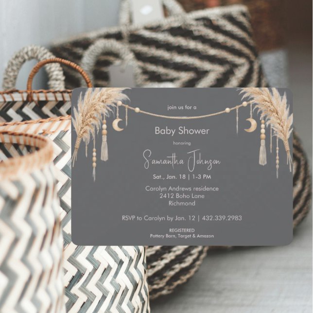 Grey Boho Pampas Baby Shower Invitation (Creator Uploaded)