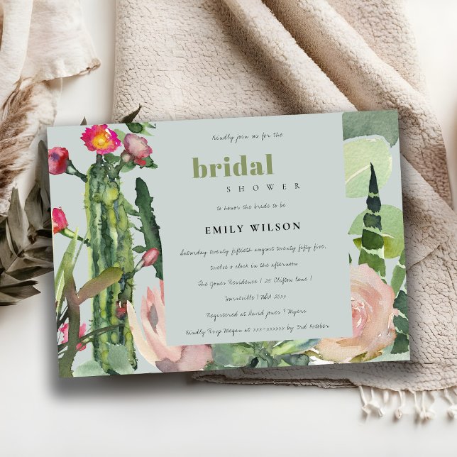 GREY BOHO PINK FLORAL CACTI FOLIAGE BRIDAL SHOWER INVITATION (Creator Uploaded)