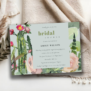 GREY BOHO PINK FLORAL CACTI FOLIAGE BRIDAL SHOWER INVITATION