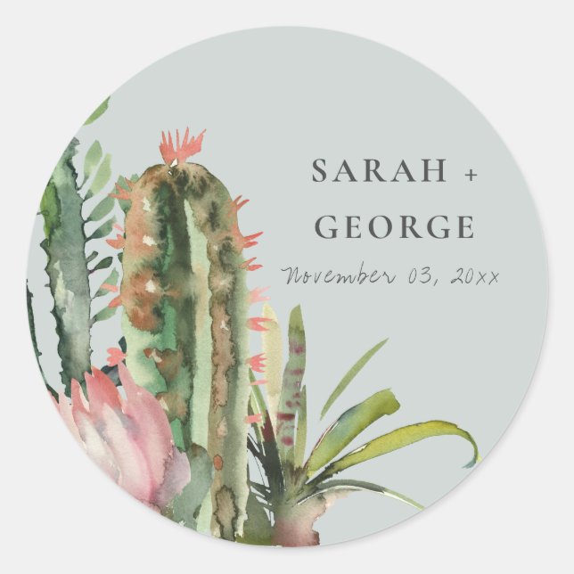 GREY BOHO PINK FLORAL DESERT CACTI FOLIAGE WEDDING CLASSIC ROUND STICKER (Front)