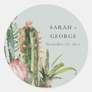 GREY BOHO PINK FLORAL DESERT CACTI FOLIAGE WEDDING CLASSIC ROUND STICKER